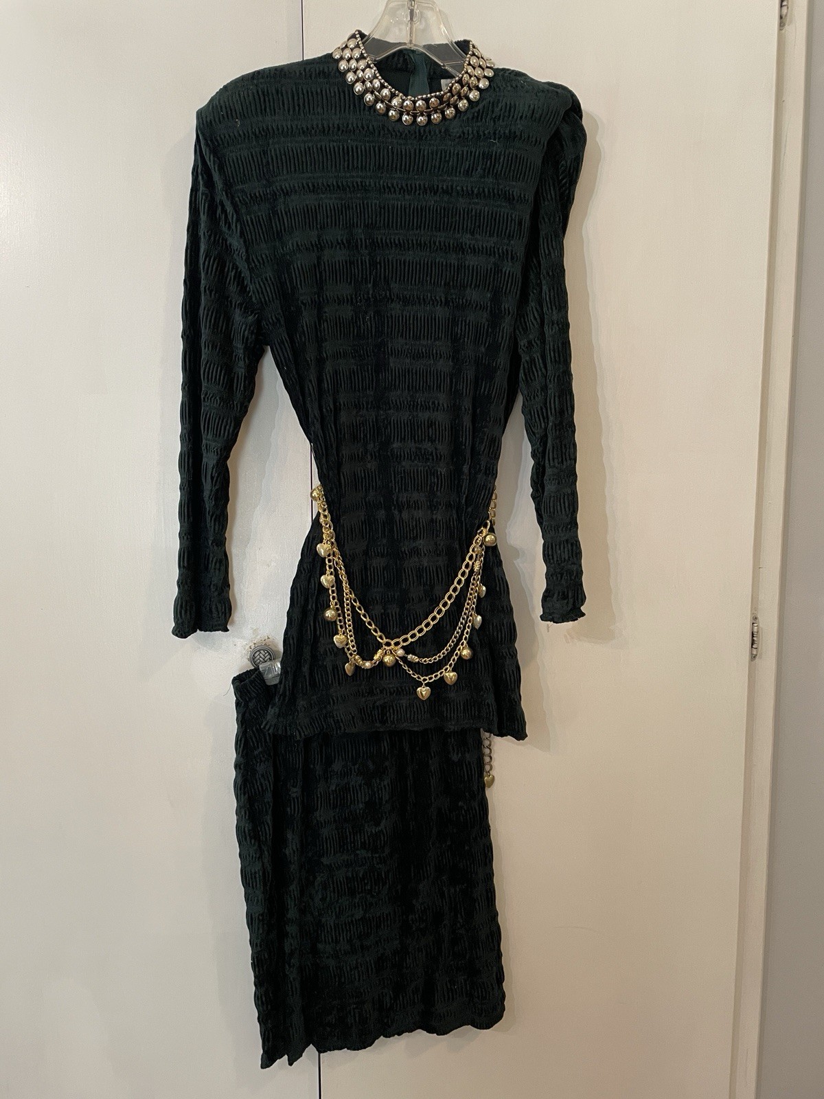 Vintage Velvet Beaded Sequin Long Sleeve Cocktail Top/skirt- Sz L-forest Green