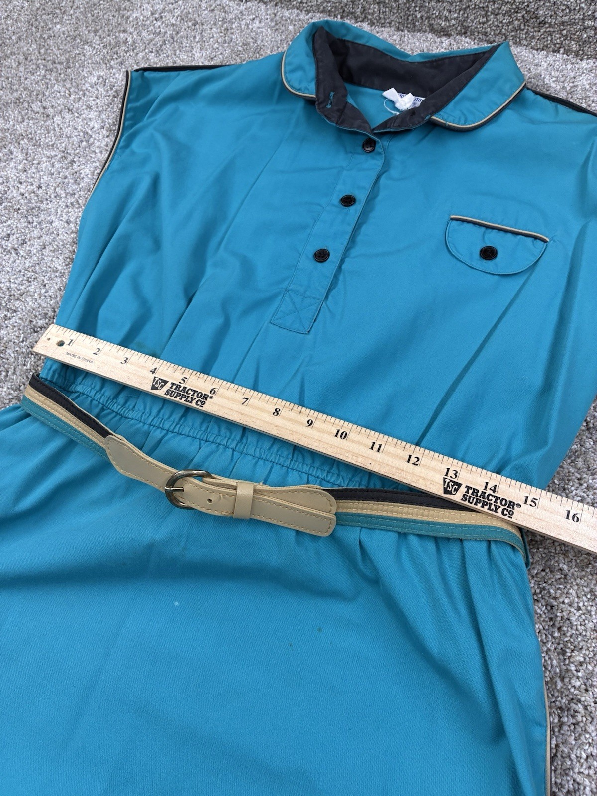 MISS JONI CALIFORNIA -Vtg 70s Teal Belted Sleeveless Button Up Dress Sz 16 #0081