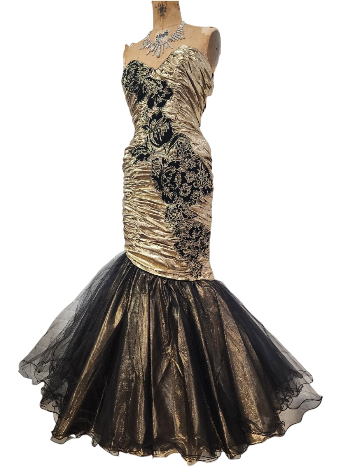 Vtg 80s Prom Dress XS/S Mermaid Gold Lame Metallic Ruched Pageant Gown New