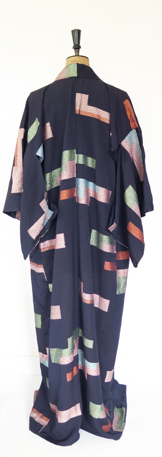 Original Vintage 1950s 1970s 1980s Blue Pink Lurex Deco Style Kimono Robe Gown