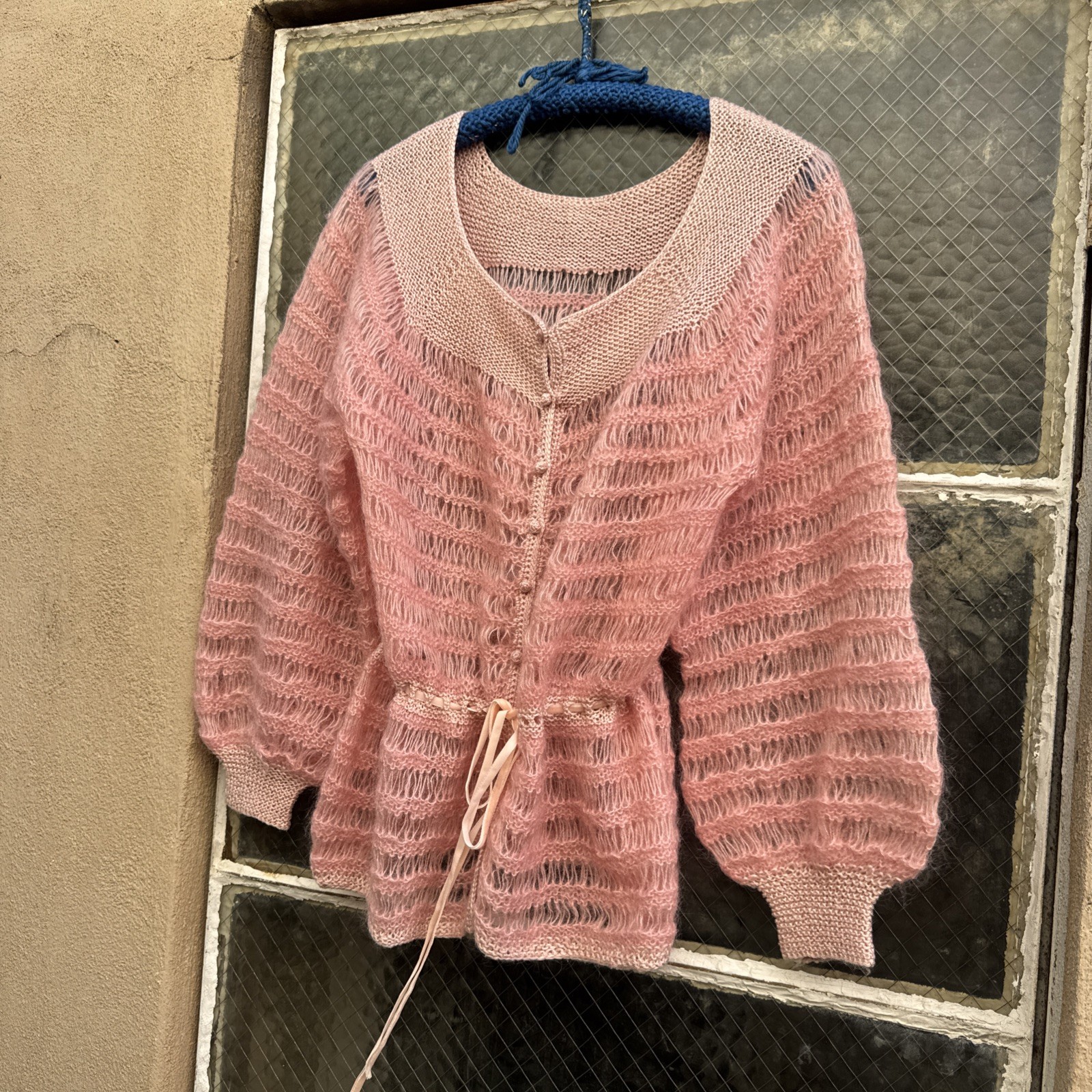 Vintage 1930s Pink Mohair Knit Wool Sweater Cardigan Balloon Sleeves Dress Top