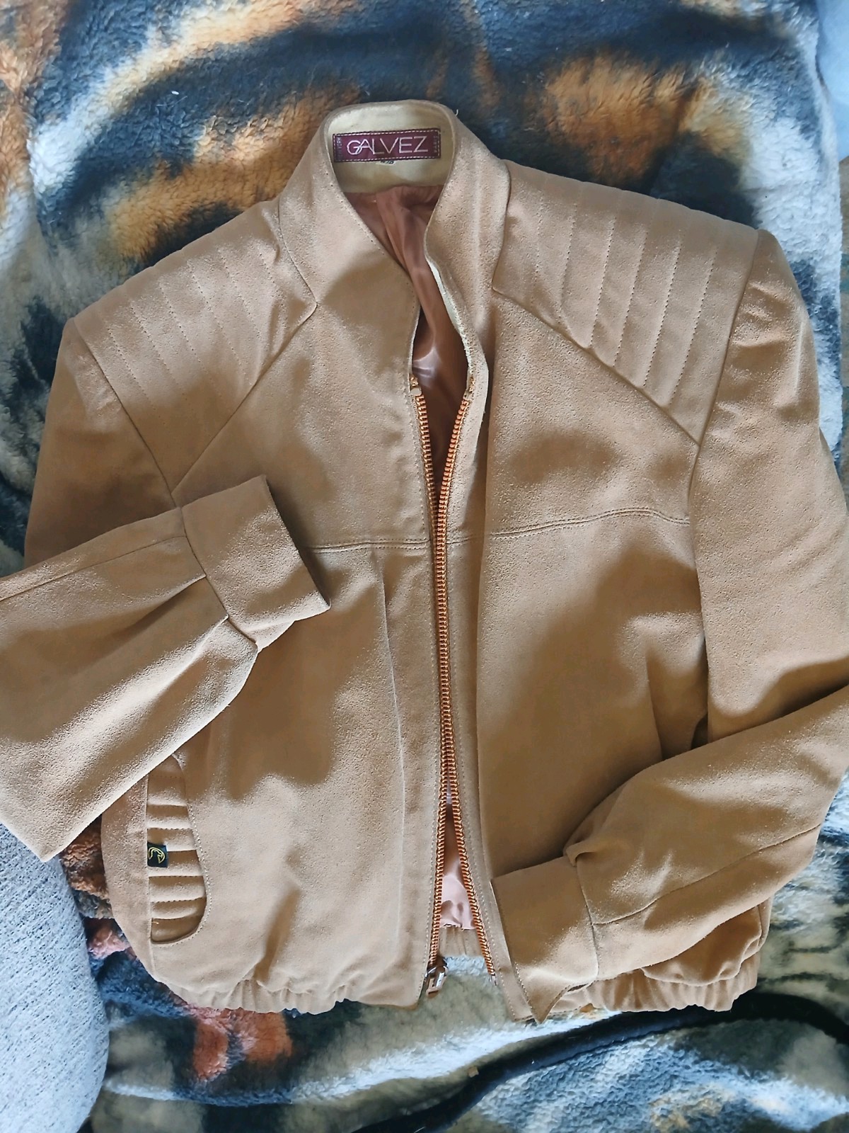 Galvez New York Paris Tan Suede Leather Bomber Jacket Sz 7/8 Womens Vintage 70s