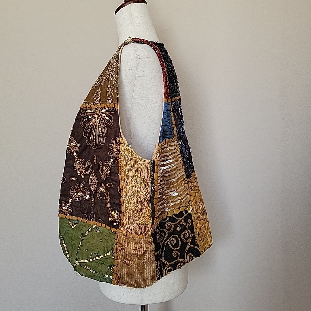 Vintage Beaded Patchwork Open Front Vest Sz O/S Hippie Boho Bohemian Cottage 90s