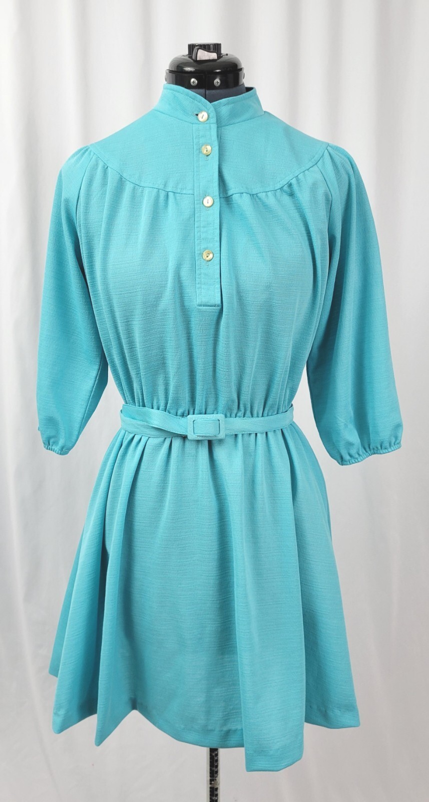 Vtg Ms Sugar Turquoise Dress w Elastic Waist/Rounded Yoke/Raglan Sleeves M/L?