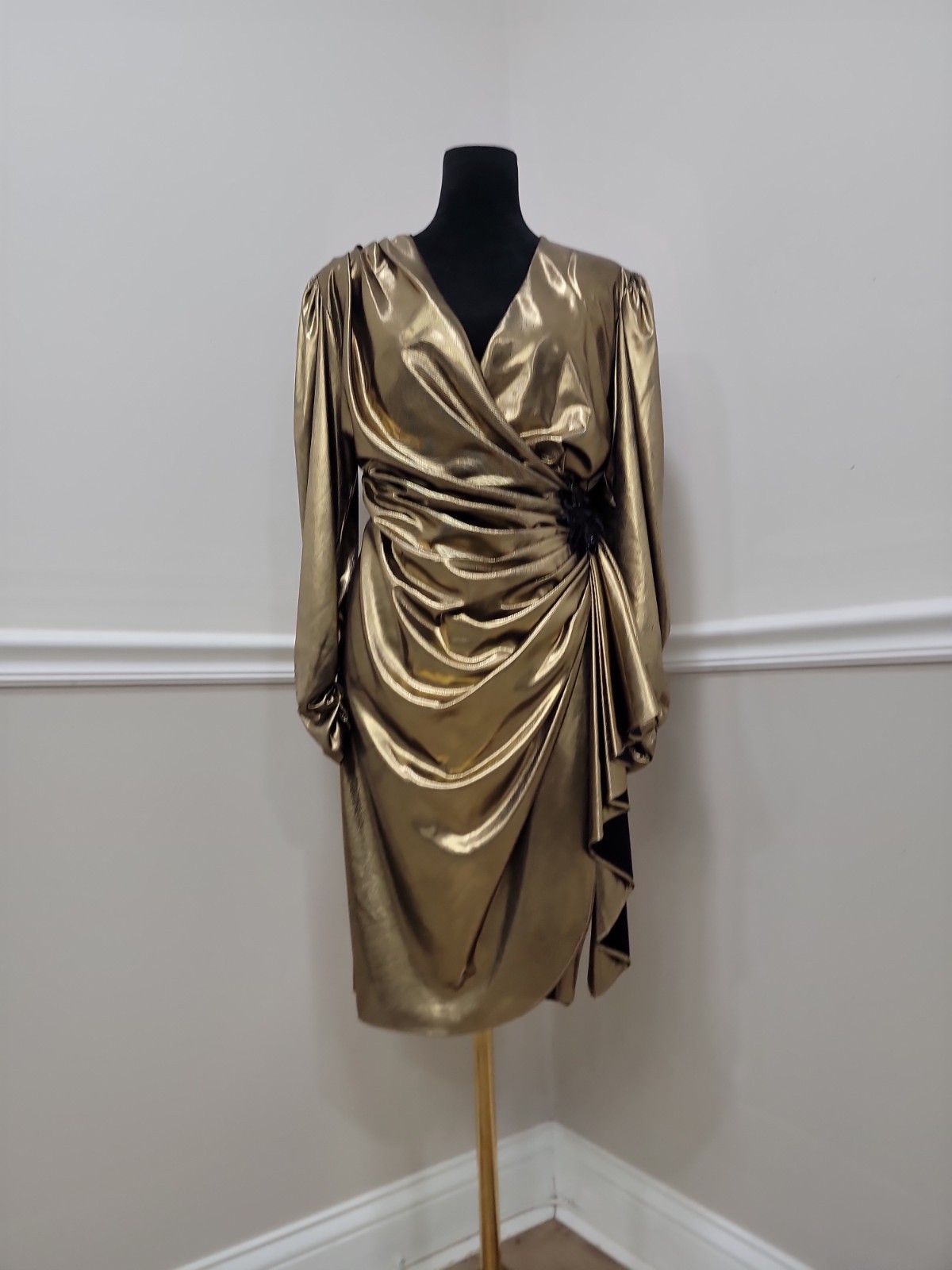 Vintage 80s Filigree Metallic Gold Lamé Ruched Wrap Cocktail Dress Draped Party