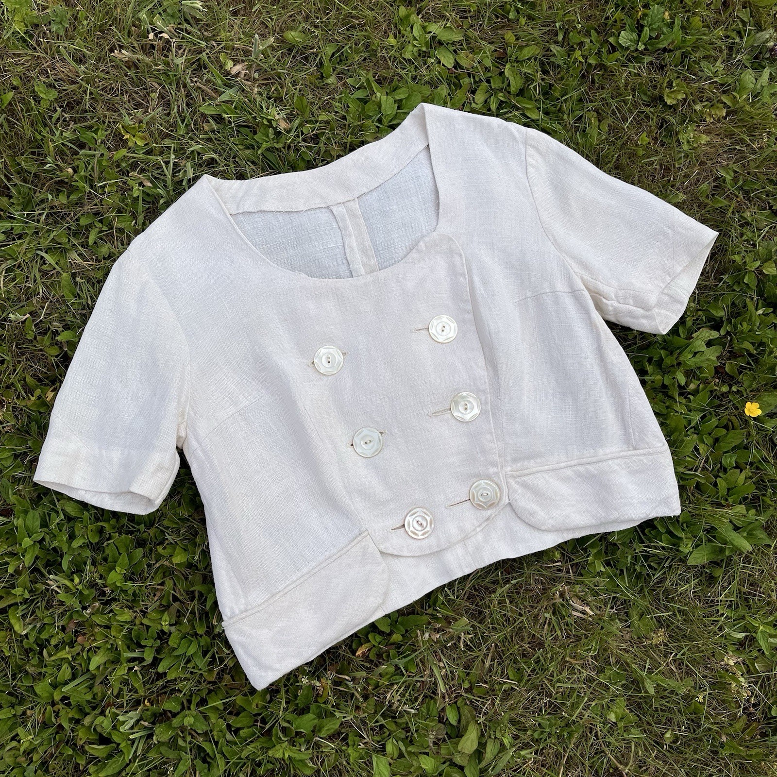 Antique 1910s – 1930s Linen Blouse | Double Breasted | Mother-of-Pearl Buttons