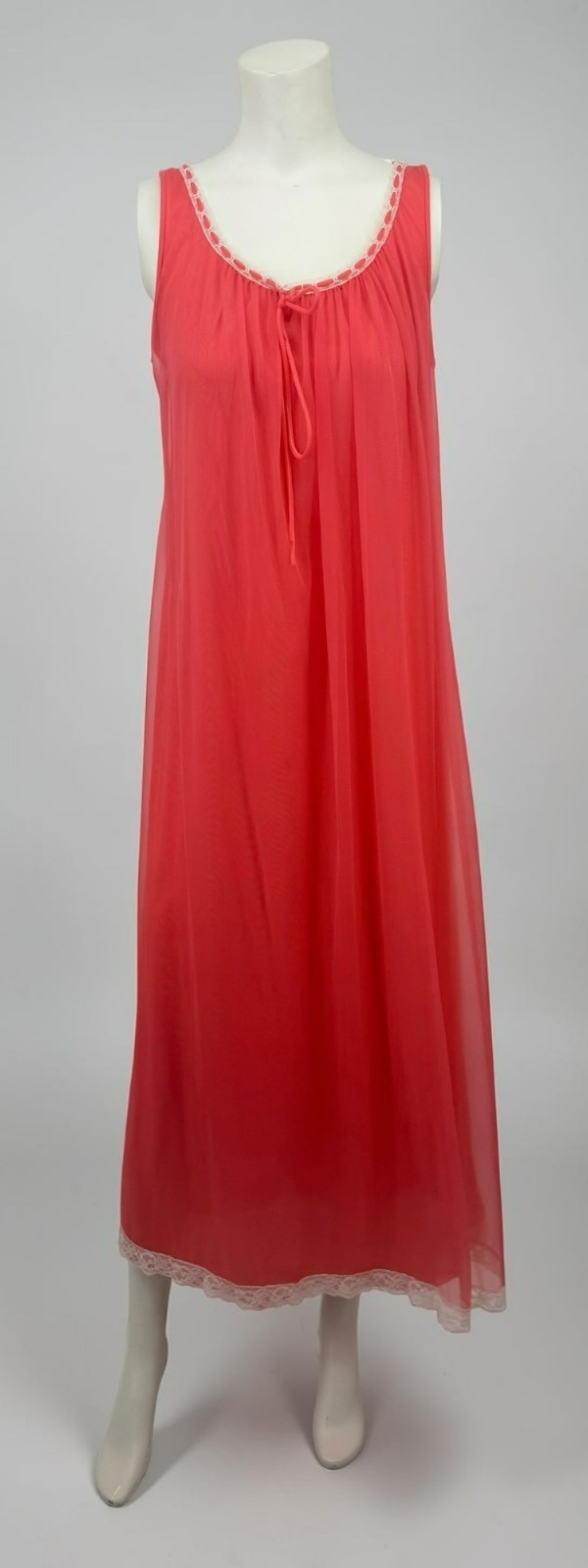 VTG L/XL Miss Elaine Coral Db Sheer Chiffon Peignoir Robe Nightgown Set Bell Slv
