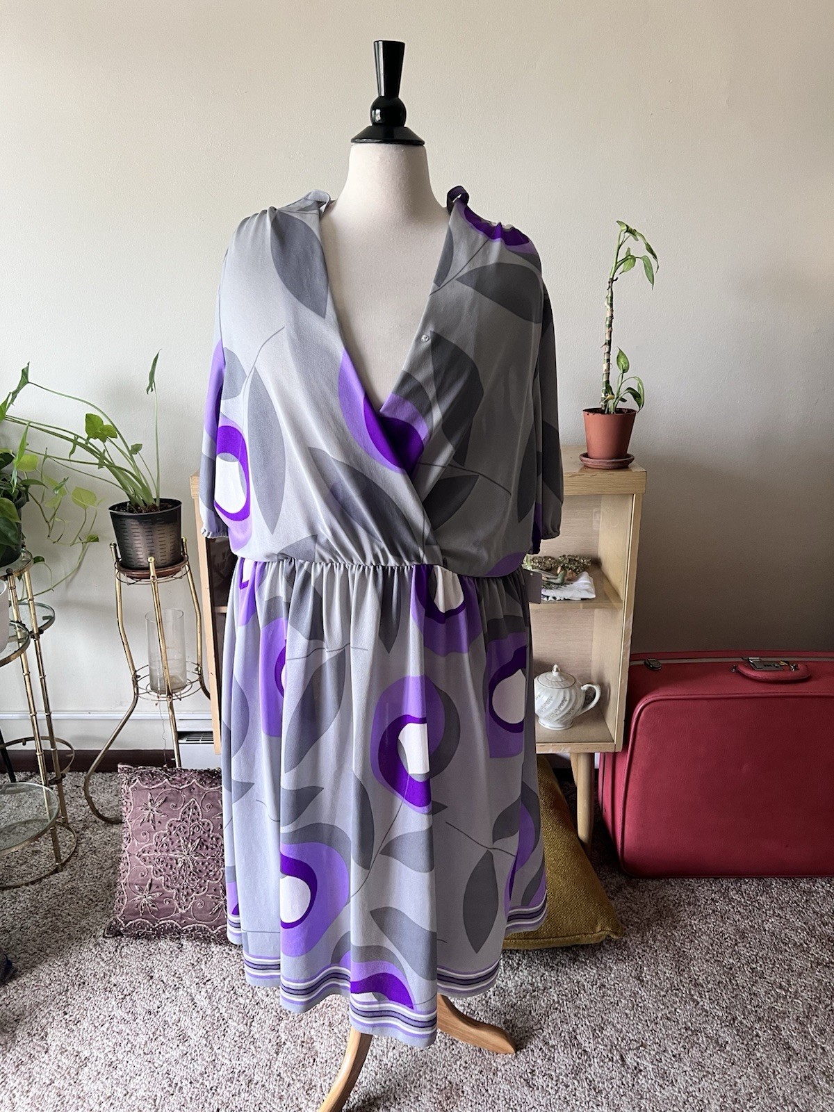 VTG 60s Grey & Purple Bullseye Secretary Dress W/ Neck Tie Detail – XL/2XL