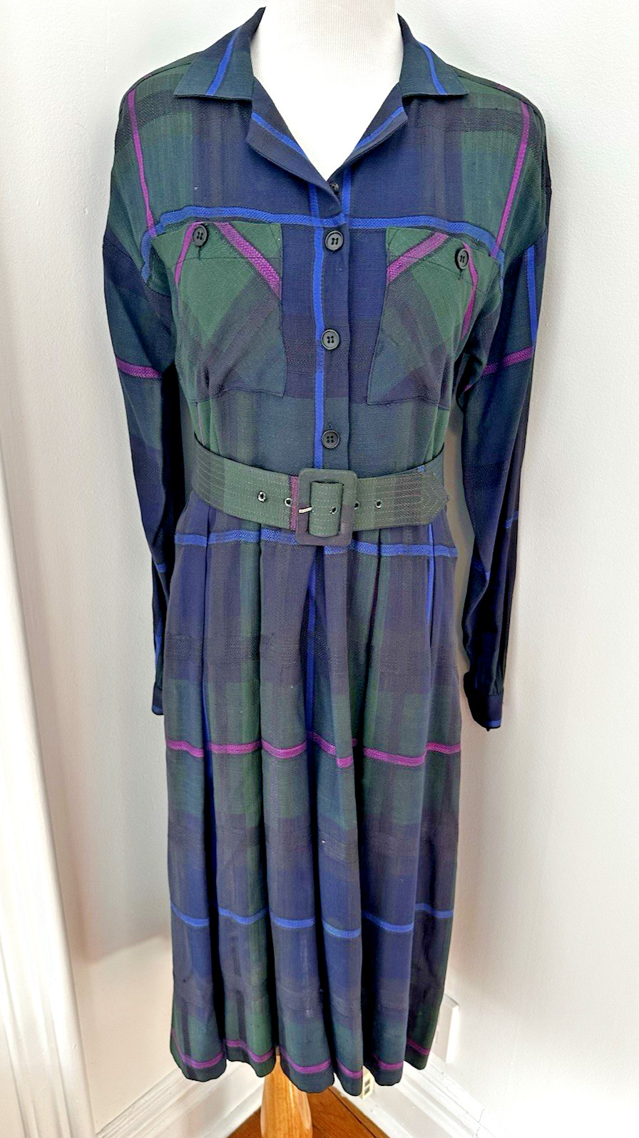 VTG 1980s Stanley Sherman Neiman Marcus Tartan Plaid Button Down Dress Belt Sz 6