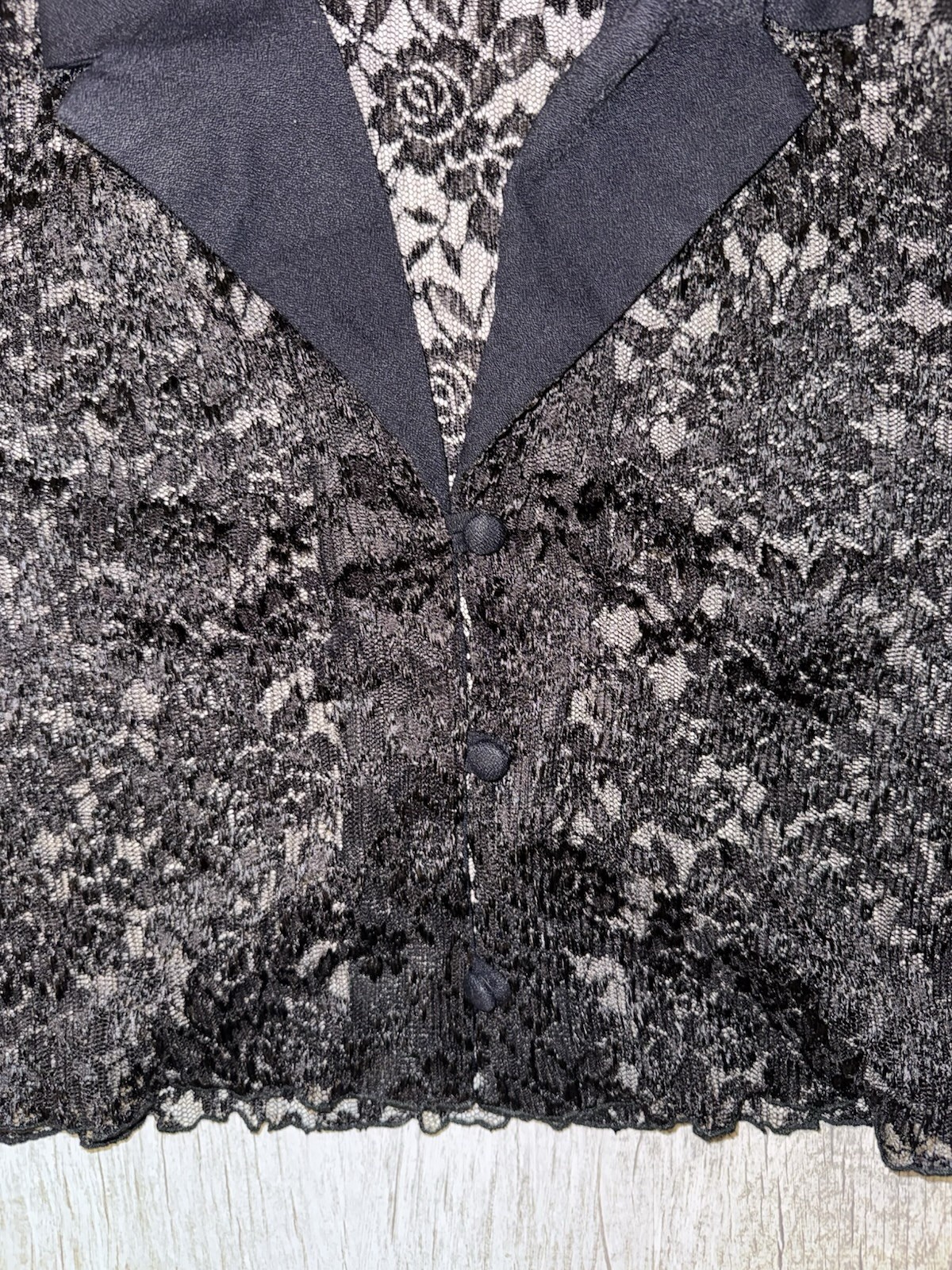Shair-Aide of California Black Lace Sheer Button Front Shirt 12 Polyester Rayon