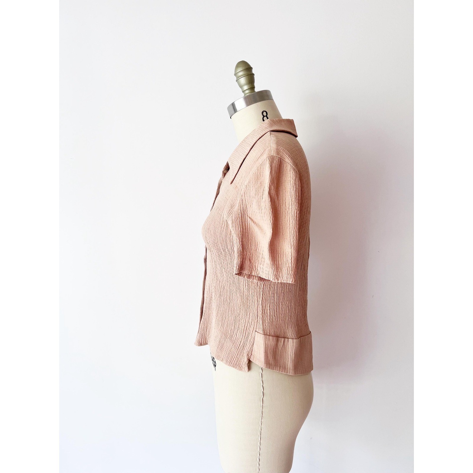 Short Sleeve Blouse Taupe Putty Open Back Vintage Crinkle Top