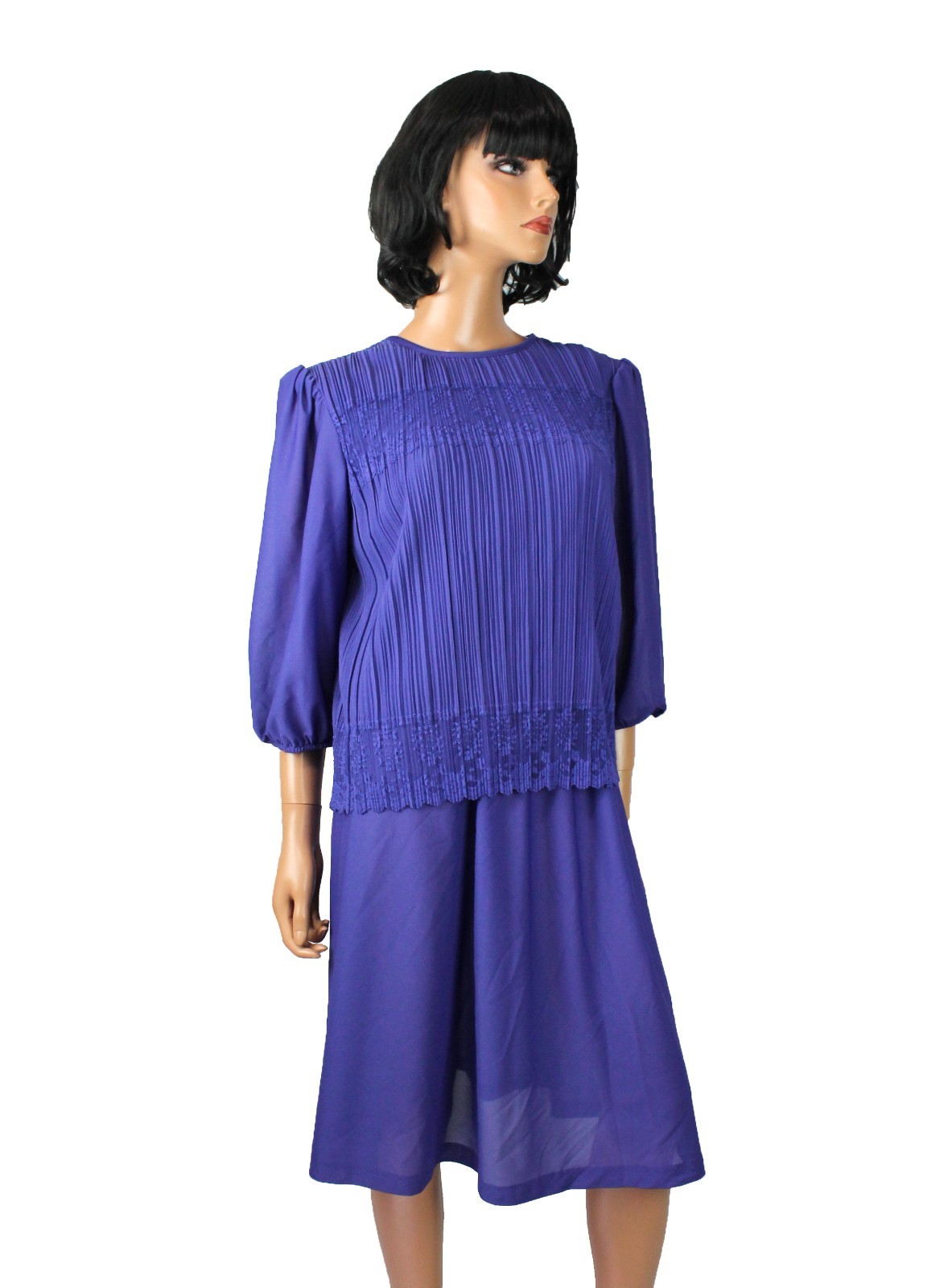 80s Secretary Dress 12P L Vintage Purple Pleated Stretchy Semi Sheer Crepe