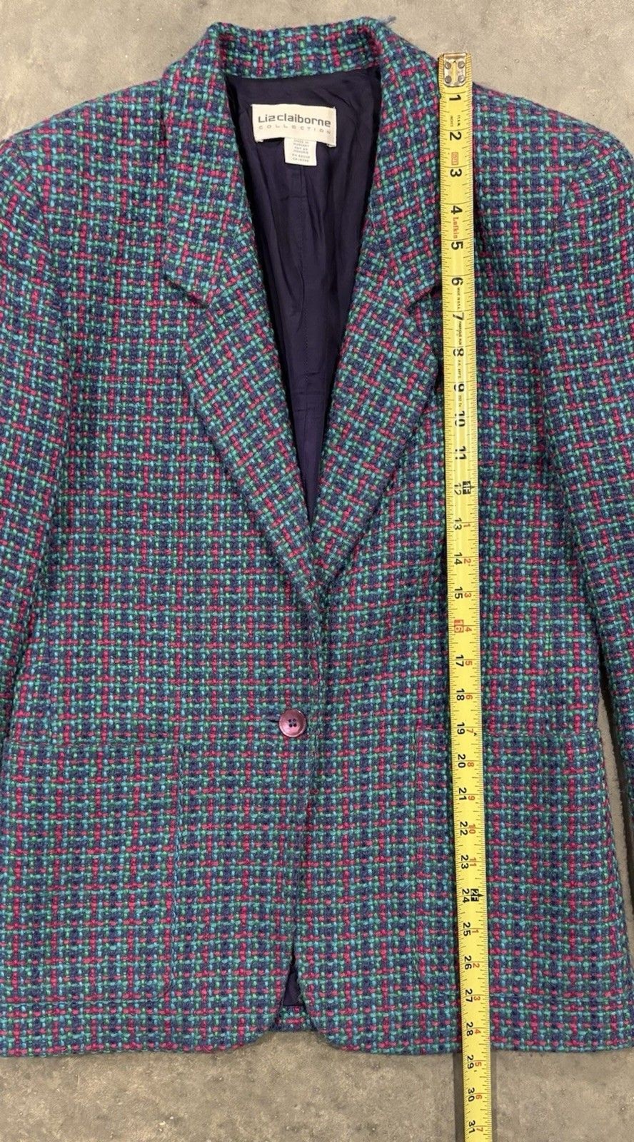 Vintage Liz Claiborne Collection Tweed Blazer Wool Blend Sz 4 Blue Pink 90s