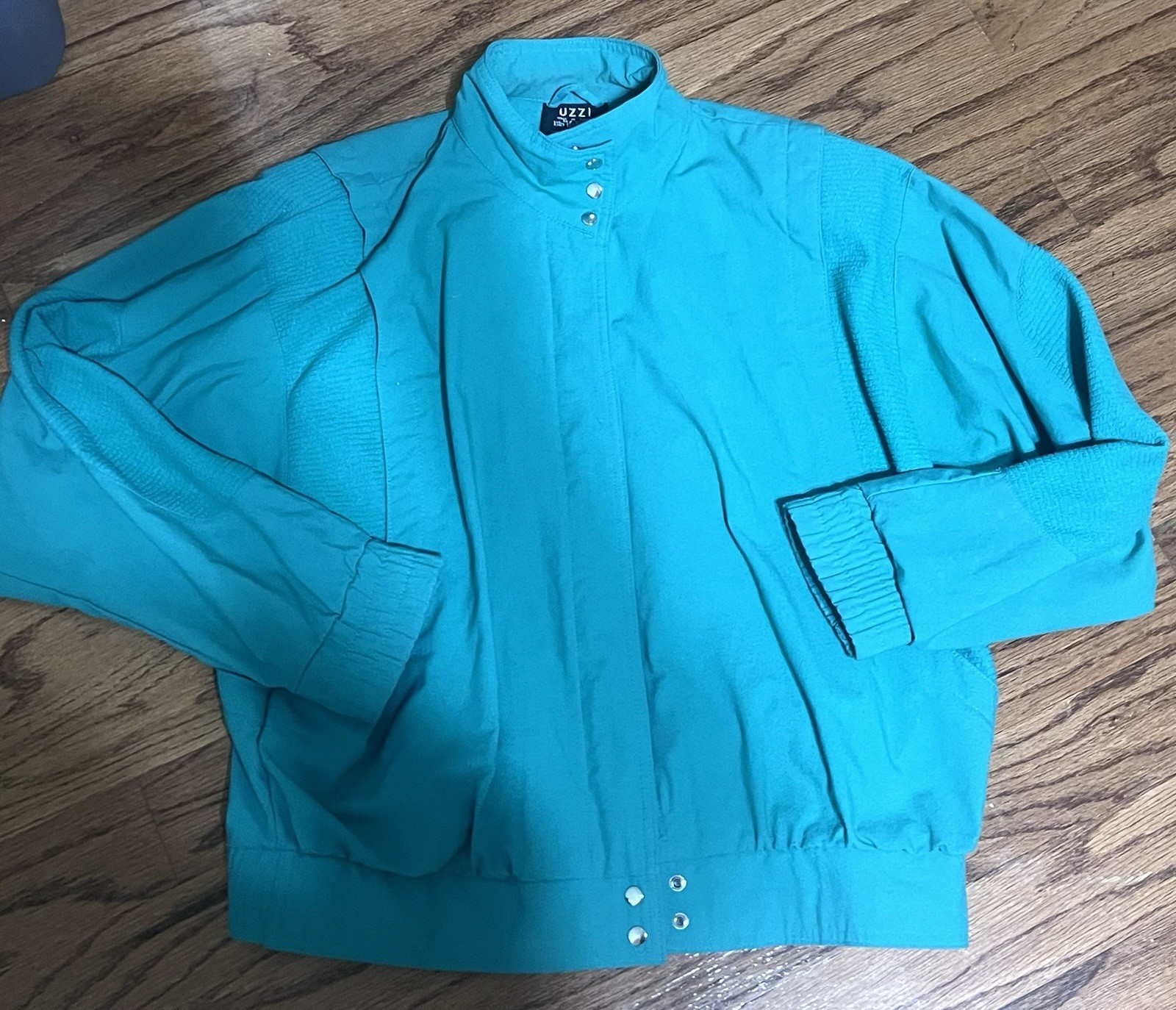Vintage 80s UZZI Teal Jacket Women’s M Batwing Dolman Sleeve Snap Front Retro
