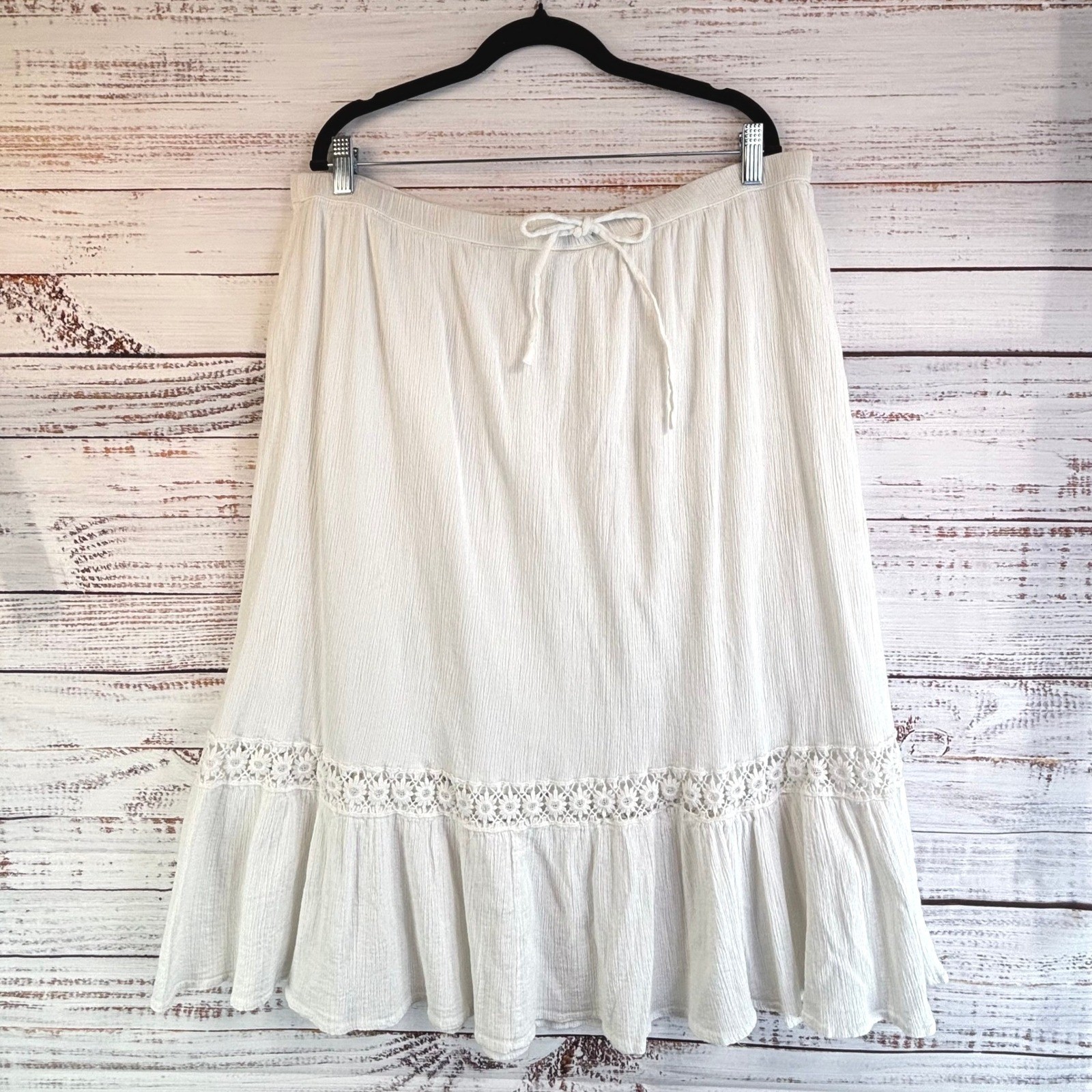 Vintage Midi Skirt 2X White 100% Cotton Gauze Crochet Lace Ruffle Boho Cottage