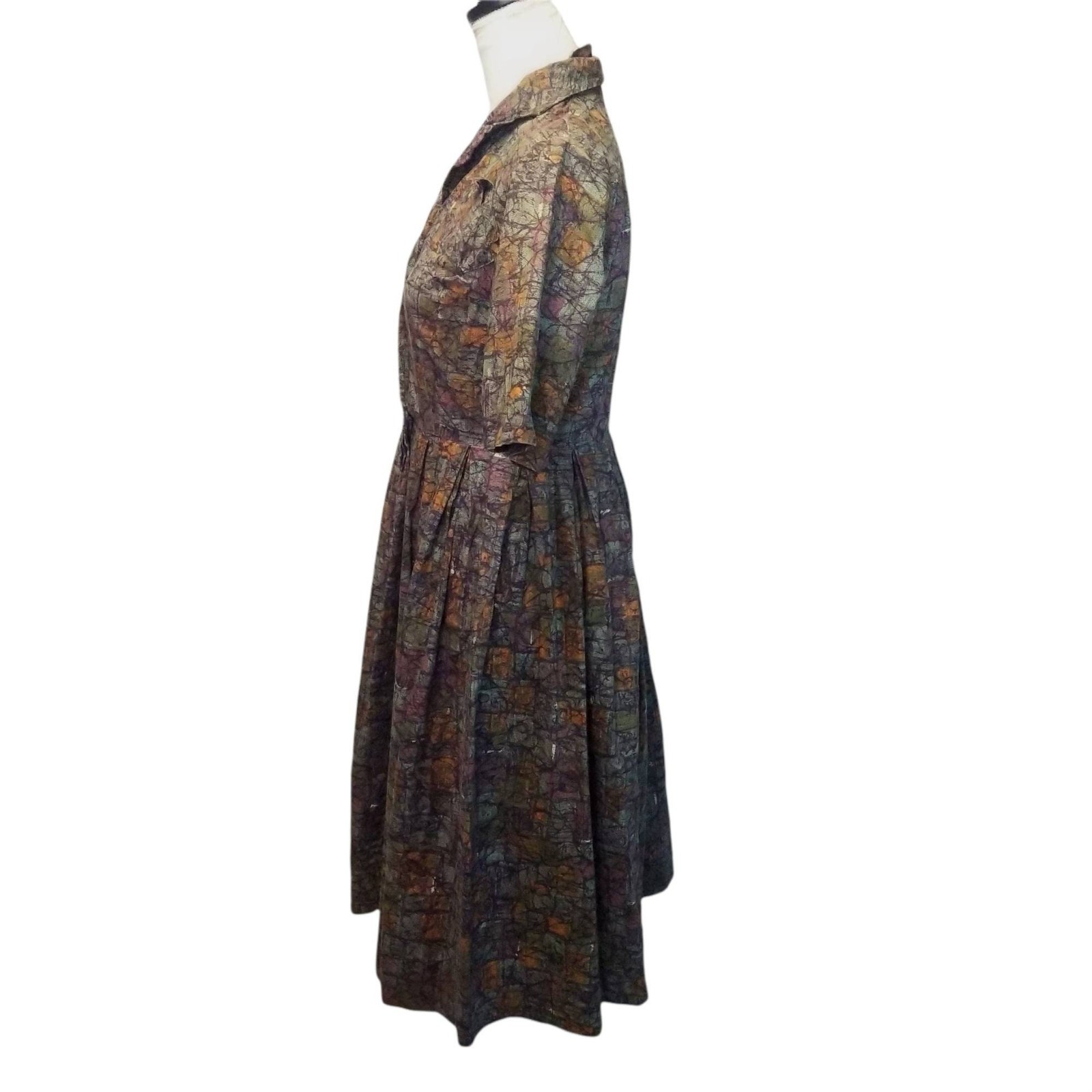 Vintage 1950s Abstract Pollock Print Day Dress, Atomic MCM Midcentury Shirtwaist