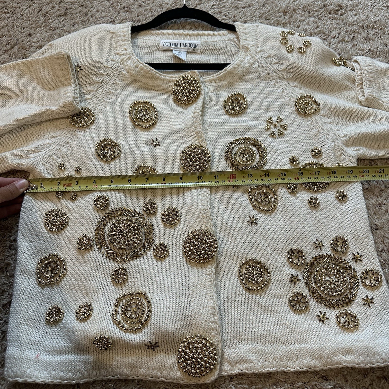 1990s Vintage Victoria Harbour Size M Beaded Off White Knit Sweater Cardigan