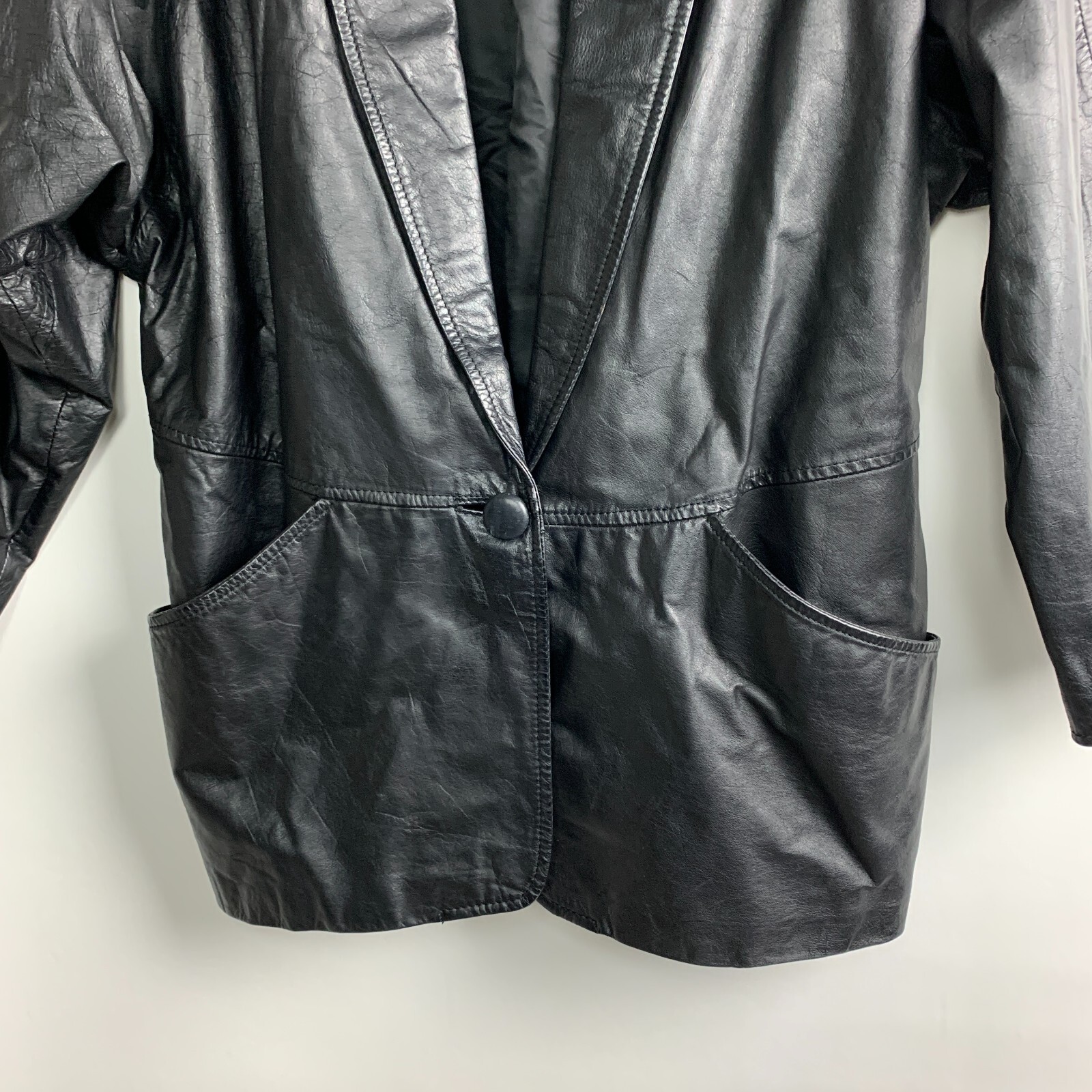 CC Hughes Vintage Jacket Black Leather Collared 1-Button Pockets Lined Size M