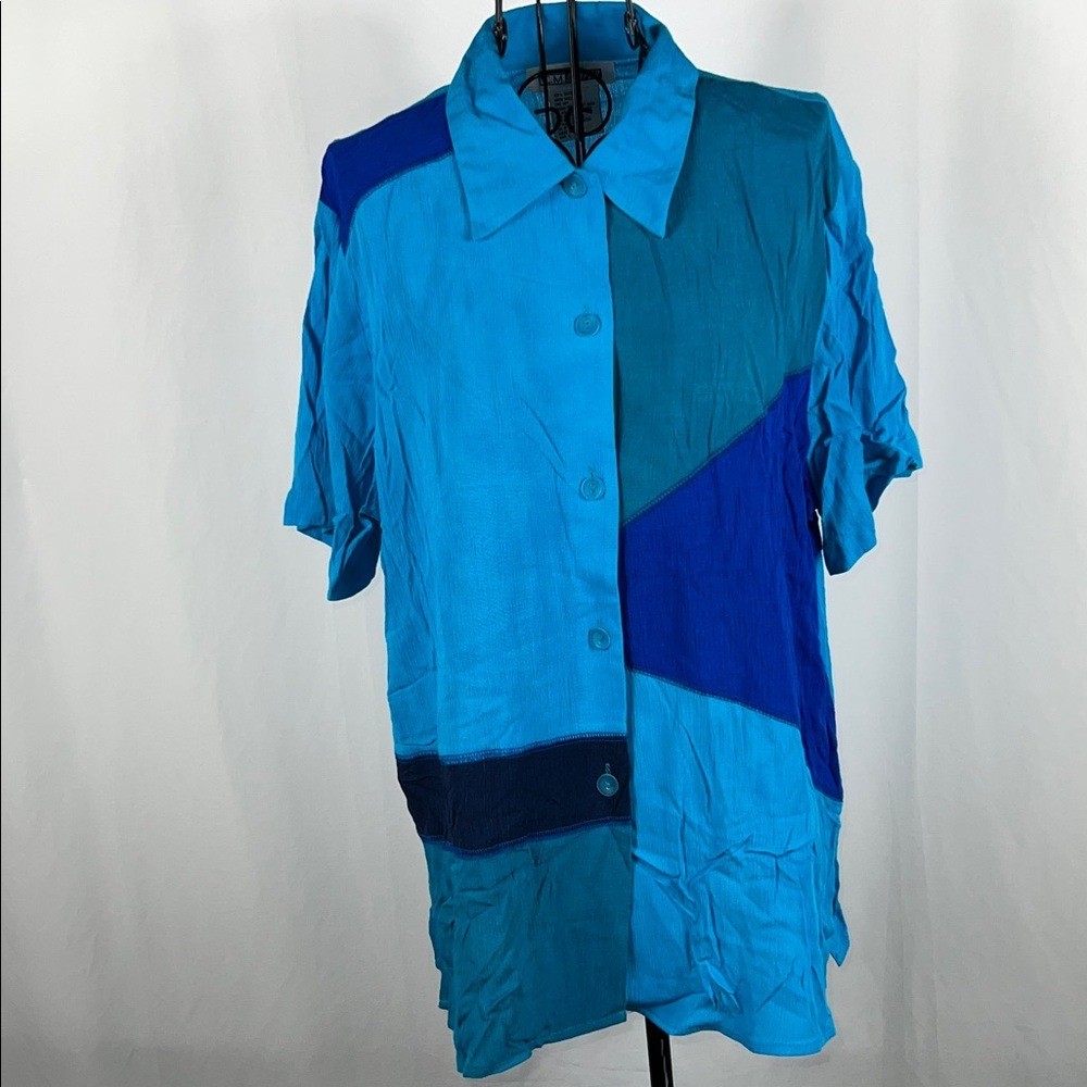 VINTAGE 90’s C.M. Shapes Women’s Blouse Teal & Blue Large Button Up Color Block