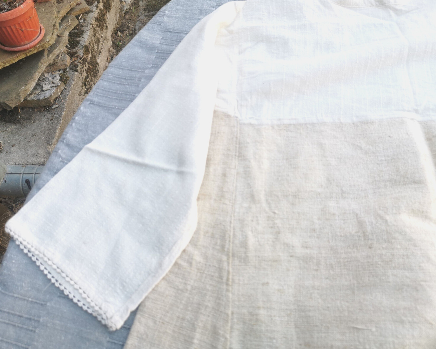 OLD PRIMITIVE WOMENs LONG WHITE SHIRT HOMESPUN FABRIC HEMP CLOTH