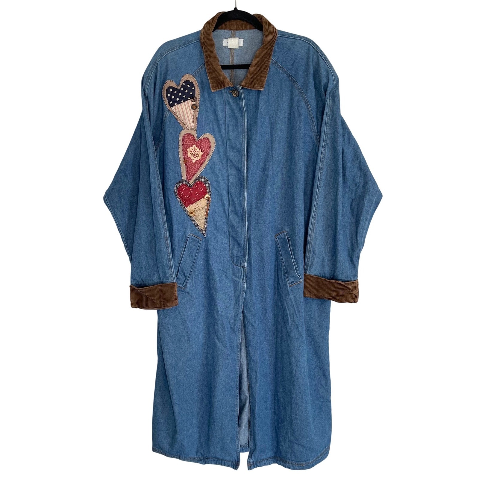 Michelle Louise Vintage Denim Duster Chore Barn Coat Americana Heart Patchwork