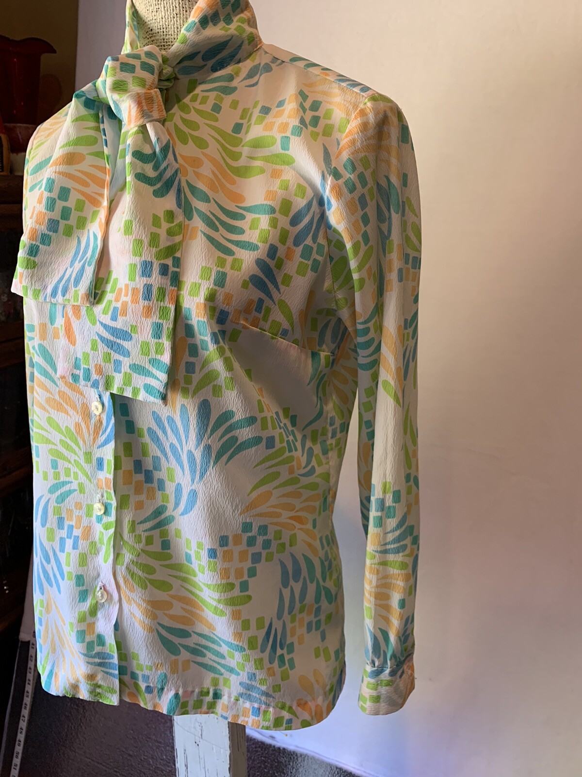 Vtg Ascot Blouse Tie Neck Long Sleeve Sheer Button Up Colorful Firework Bursts