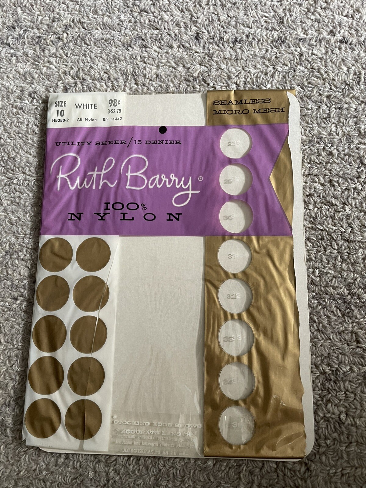 1 Pair Vintage Ruth Barry garter Stocking 10 White mesh