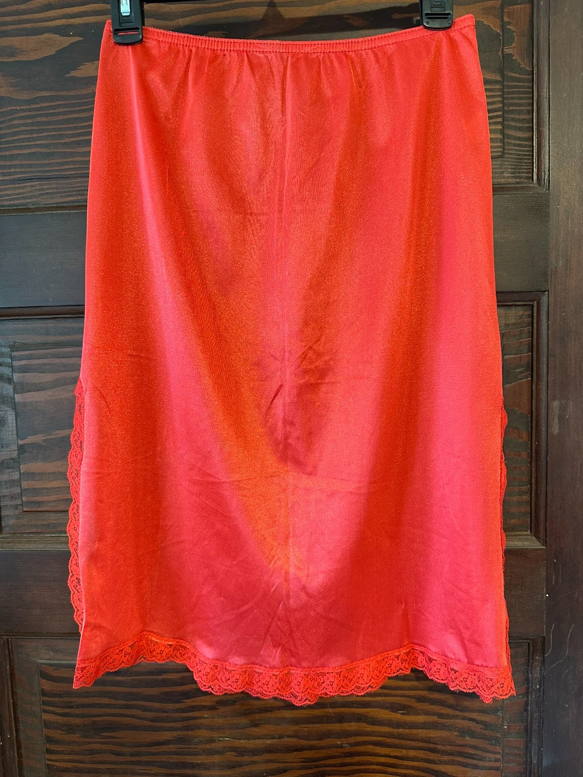 Vintage Red Nylon Slip Size Large Double Slit Lace 25″ Long