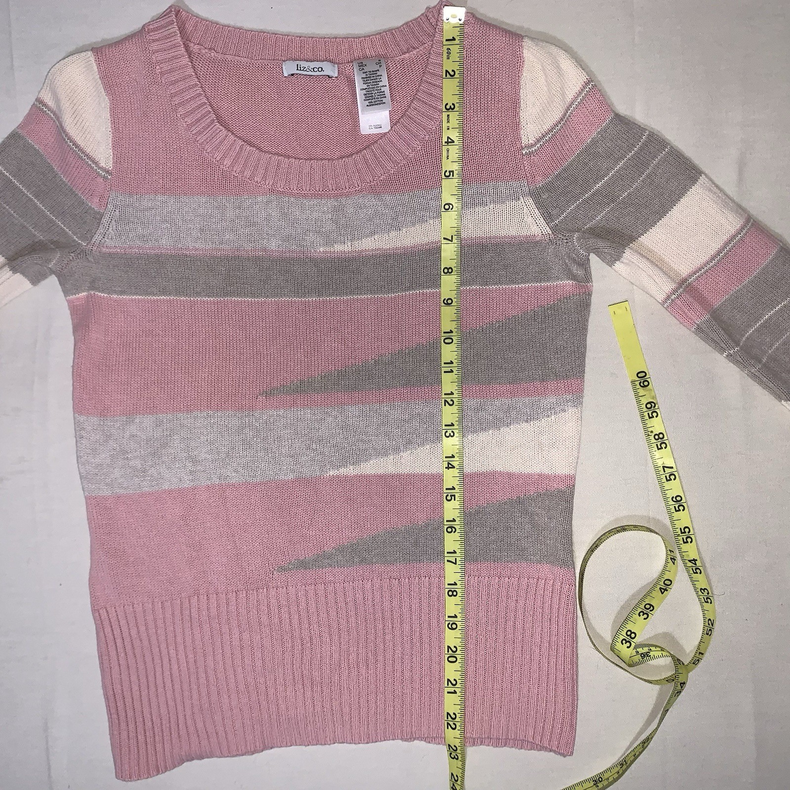 Liz And Co Vintage Sweater Women’s Pink Cream And Gray Striped Knit Small