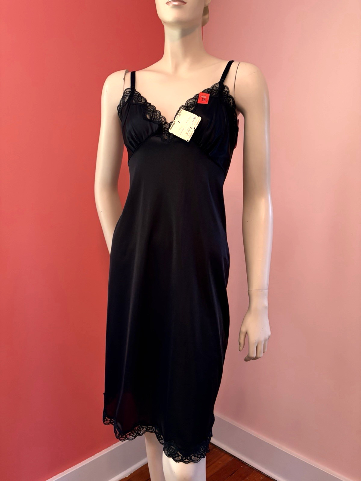 NOS 60s 70s Fortune Vintage Deadstock Full Slip Black Satin Nylon Lace dress 36