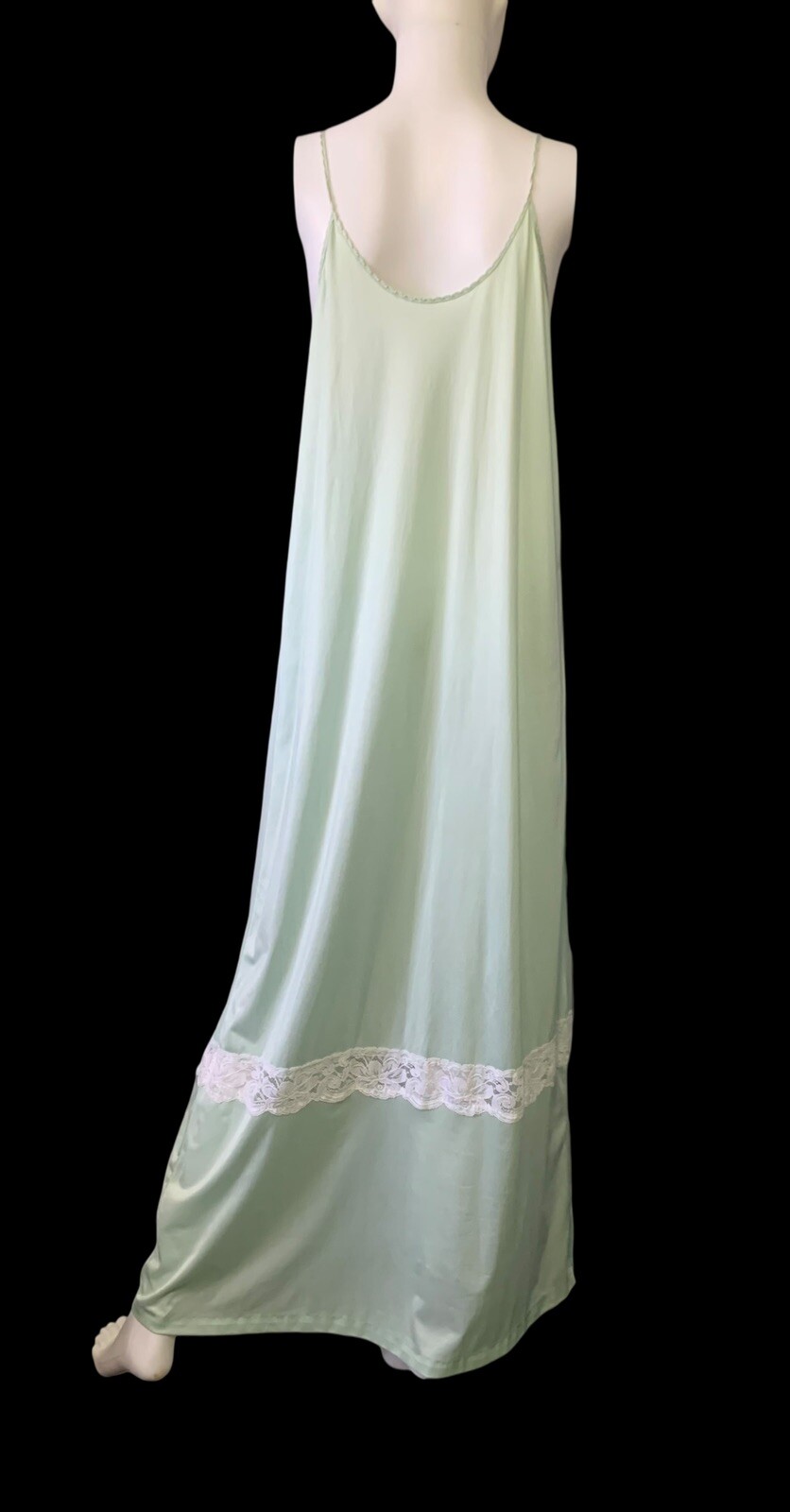 VTG Rene Nylon Nightgown Slip Dress Retro Mod Lace 70s Green Rope Nightie Gown