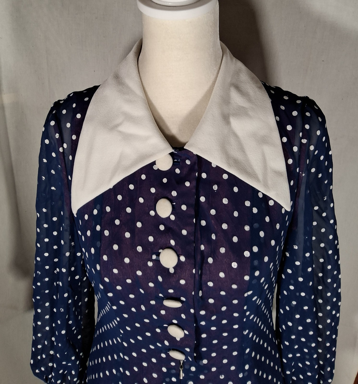 Vtg 70s Blue And White Polka Dots Chifon Long Maxi Dress Korean Tailor Shop Sz S