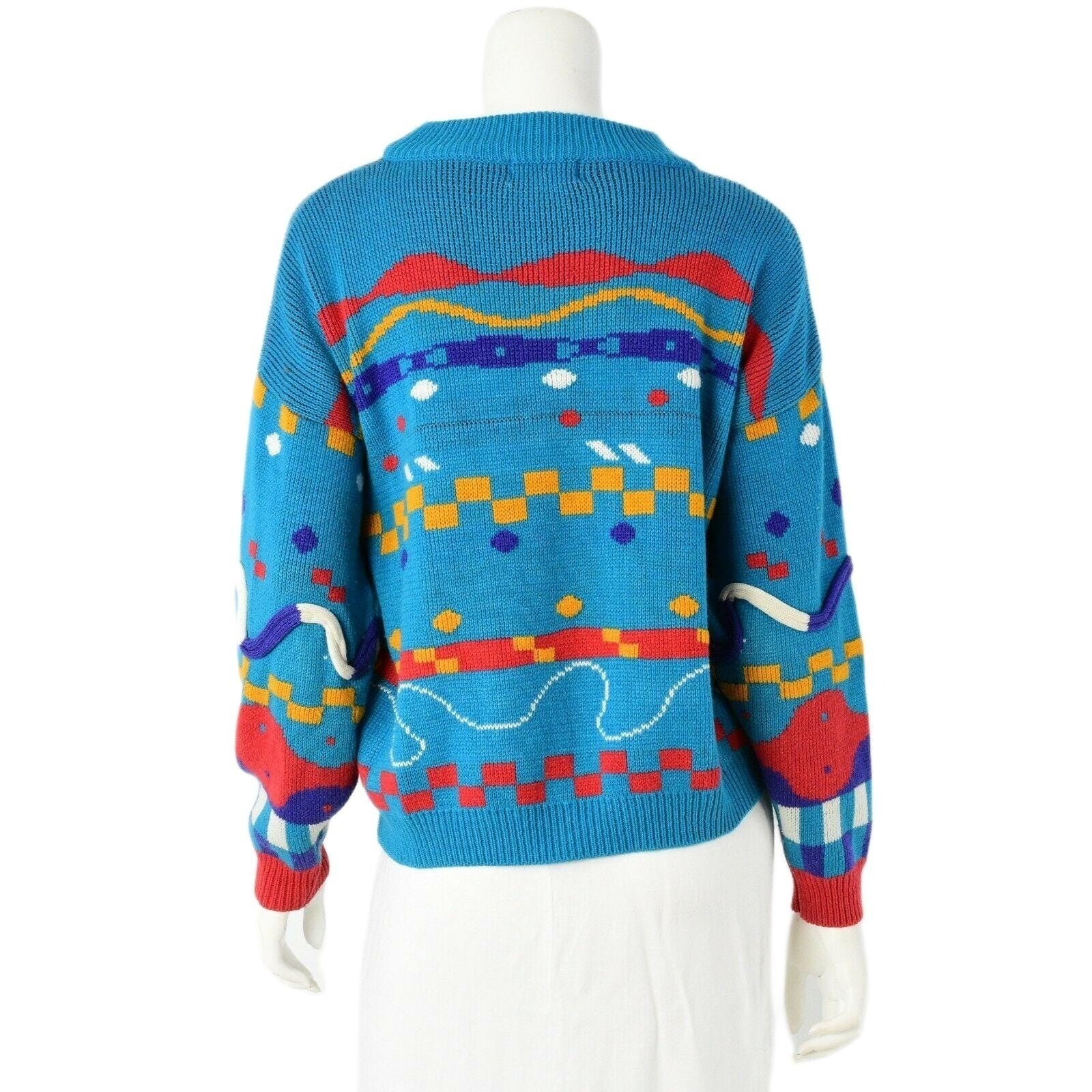 80s Vintage Graphic Oversized Sweatshirt Womens L Blue Novelty 3D Squiggle Knit