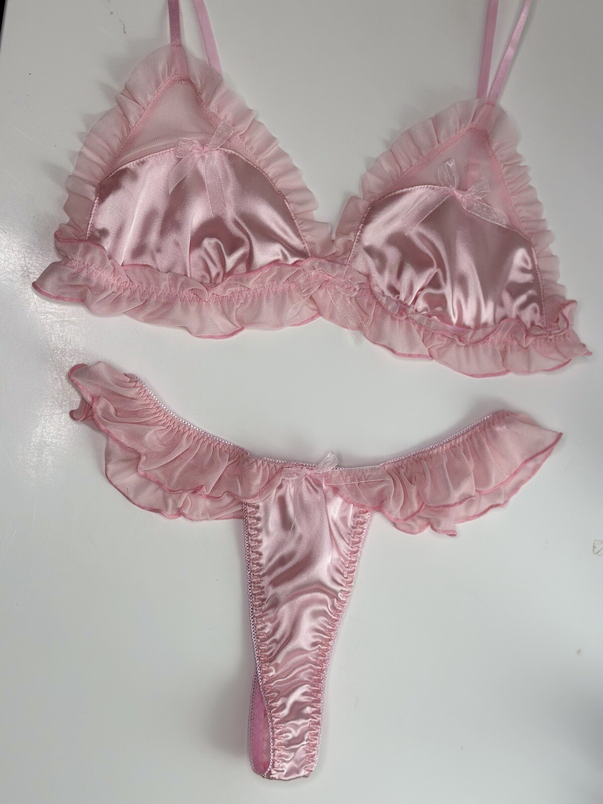 Large 7 L Shiny Satin Bralette Thong Panty Chiffon Ruffles Coquette Vtg Bra Set