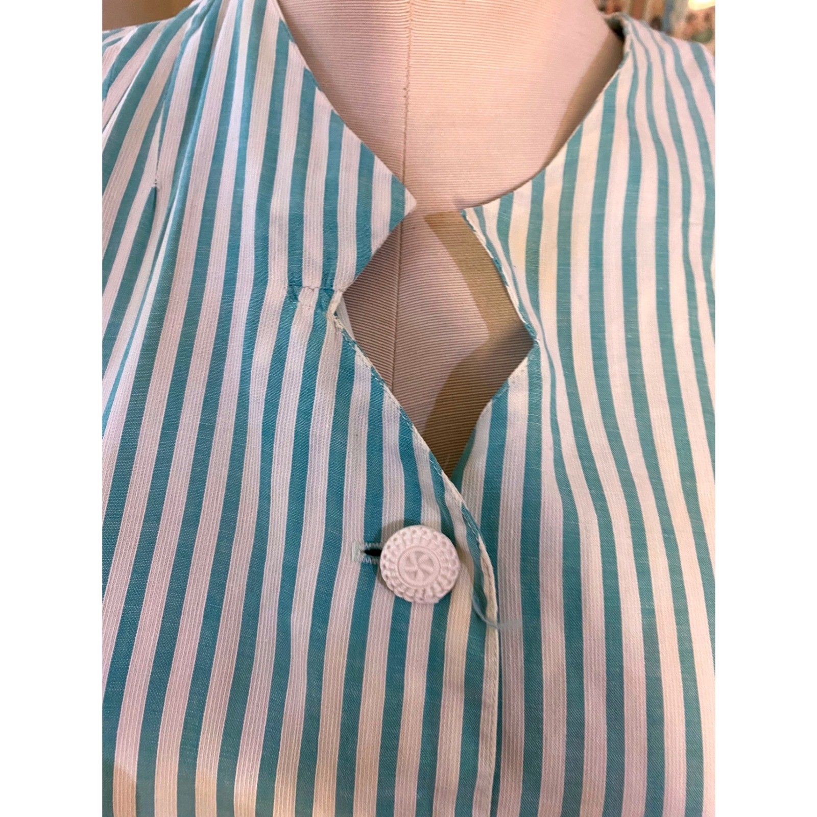 VTG 50’s Teal White Striped Short Sleeve Day Dress handmade rockabilly