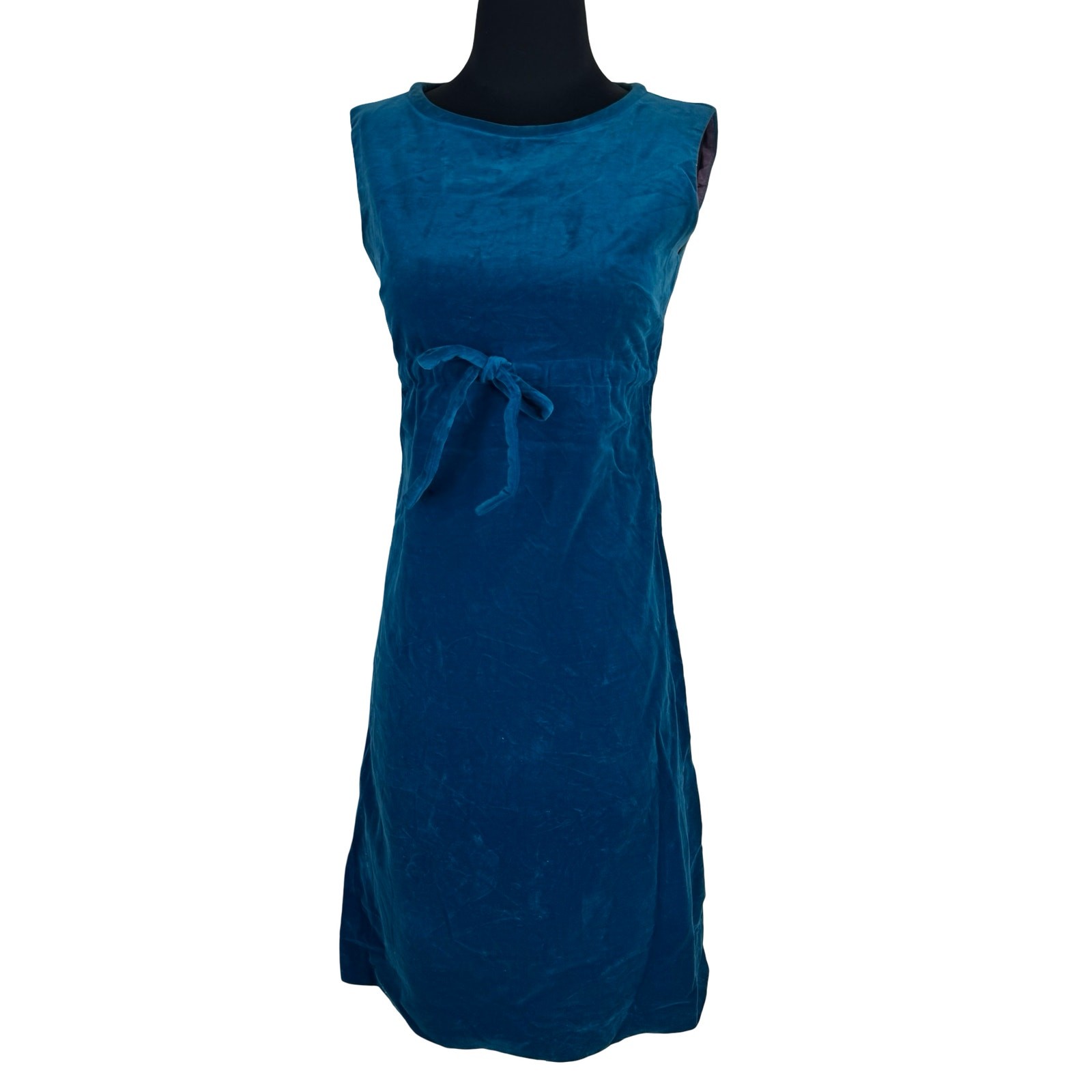Vintage 60s Ilene Ricky Aqua Blue Velvet Dress Mod Empire Waist Tie Size XS