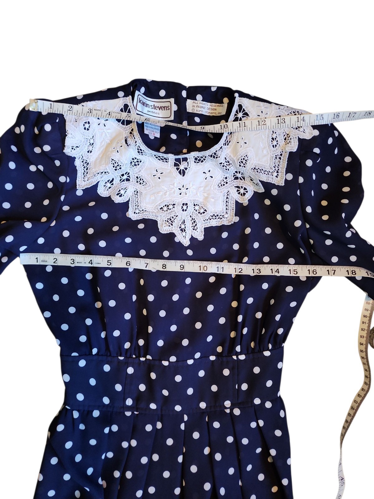 90s VTG KARIN STEVENS Cottagecore Modest Petites Polka Dot Pleated Midi Sz P8