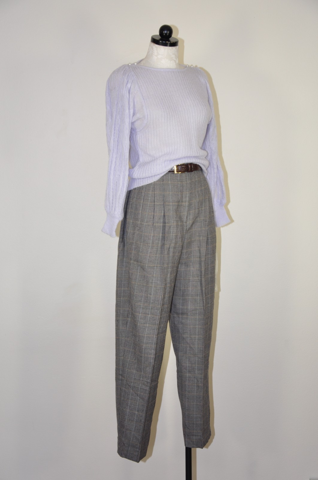 70s VTG Lavender Purple Mohair Puff Sleeve Pearl Buttons Knit Sweater Women XS
