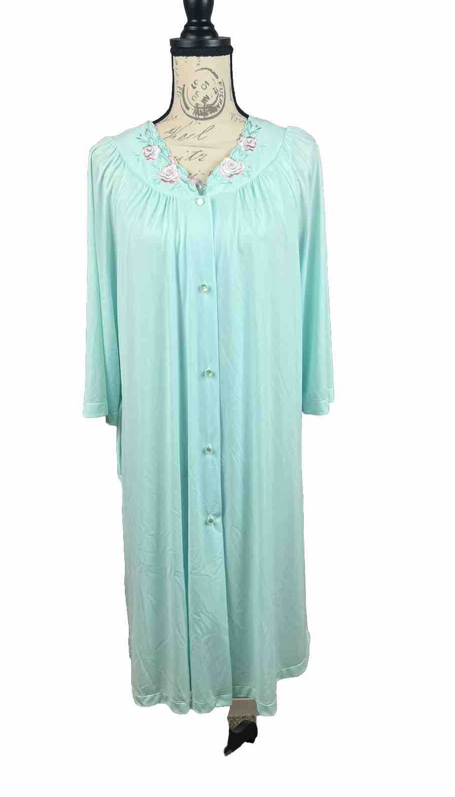 Vtg Shadowline 2 Pc Night Gown & Robe Housecoat Size M Blue Pink Flowers 70s