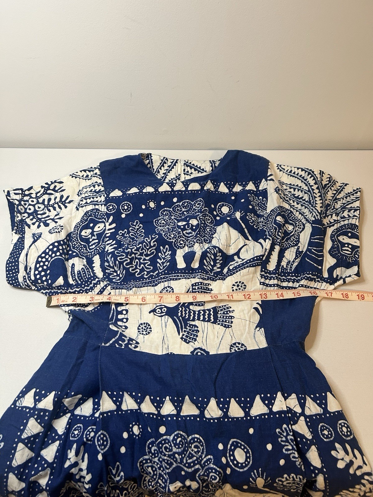 VTG 70s At Home Wear Van Raalte Safari Novelty Maxi Dress Size 14 Blue White USA