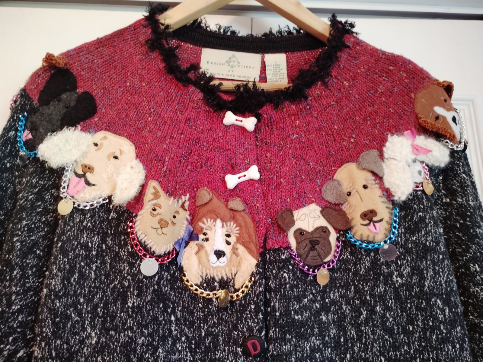 VTG Design Options Philip & Jane Gordon dog lovers sweater cardigan cotton+ L