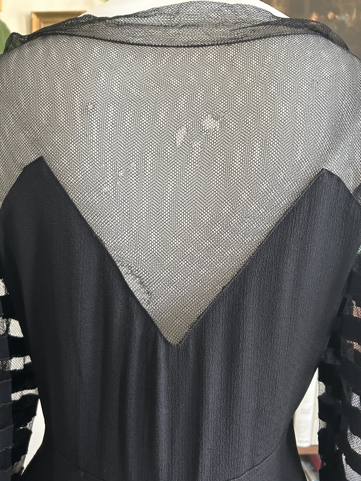 Vintage 1930s Black Mesh Net Gown Balloon Sleeves Bias Cut Art Deco Maxi Dress