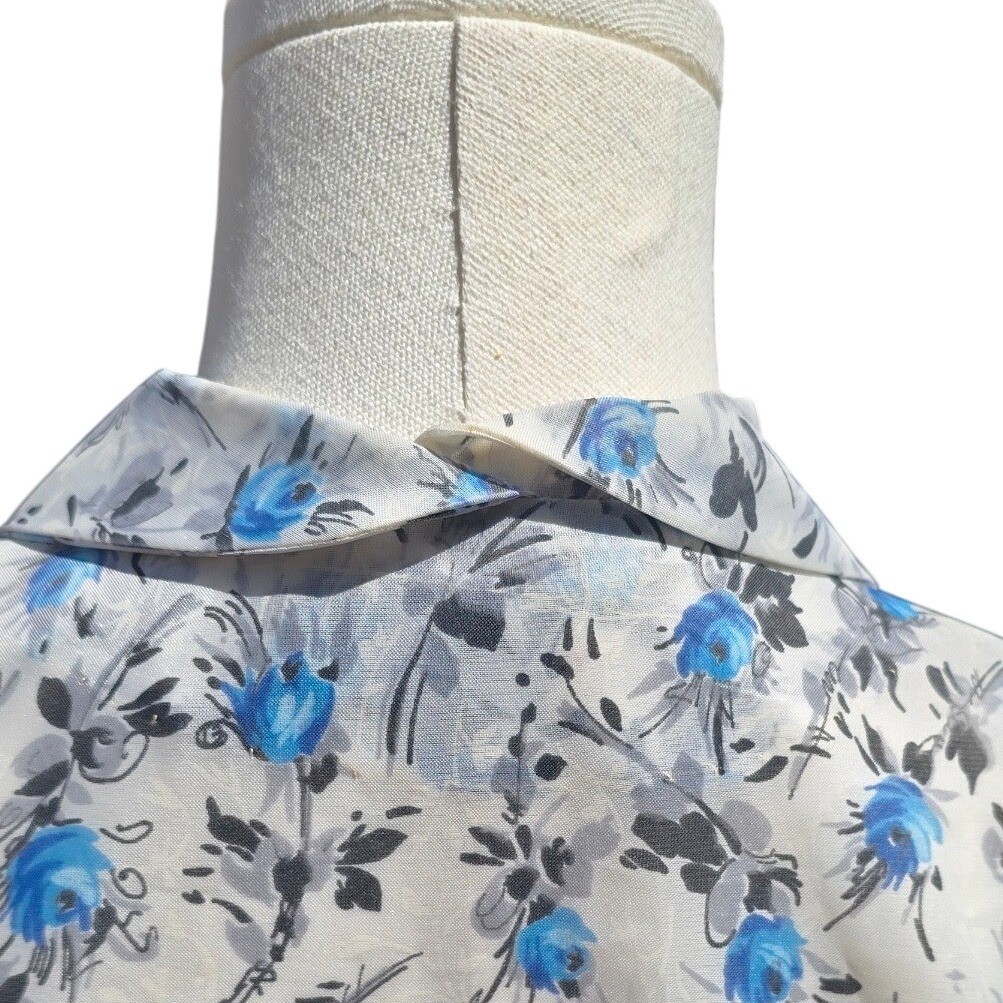 VTG Cay Artley Blue Floral Shirtwaist Dress Pleated Mid Century Rockabilly MEZ