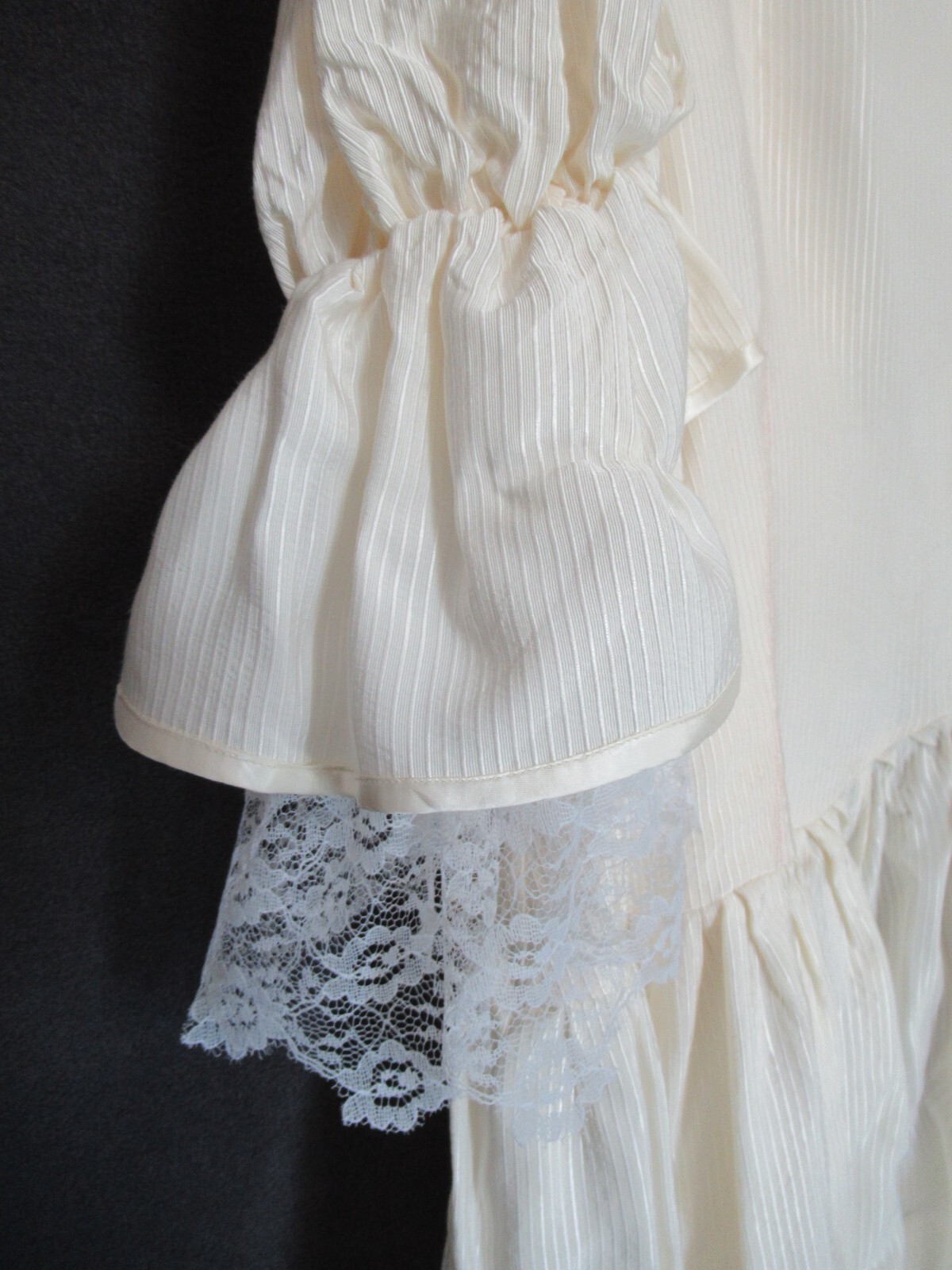 Vintage Ivory Stripe Lace Peasant Princess Bride Victorian Puff Sleeve Dress XL