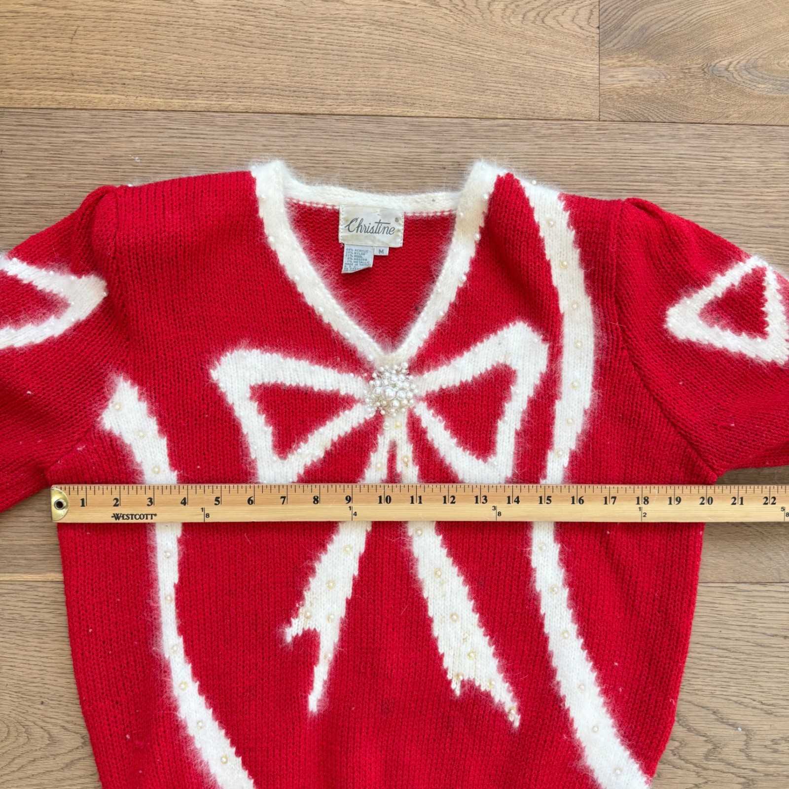 Vintage Christine Red Bow Sweater Angora Pearl Embellished Holiday Christmas M