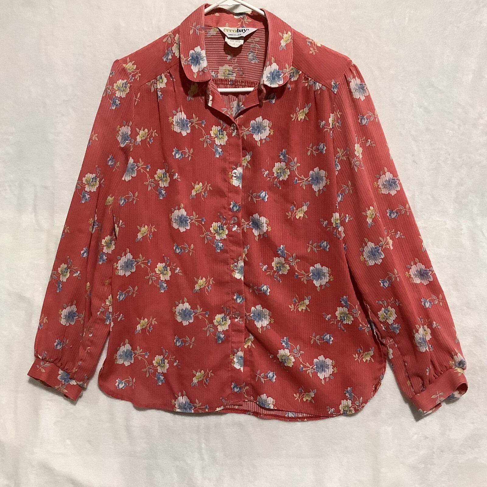 Vintage Rare Eccobay USA Red Floral Button Up Shirt Womens 15-16 Textured Stripe