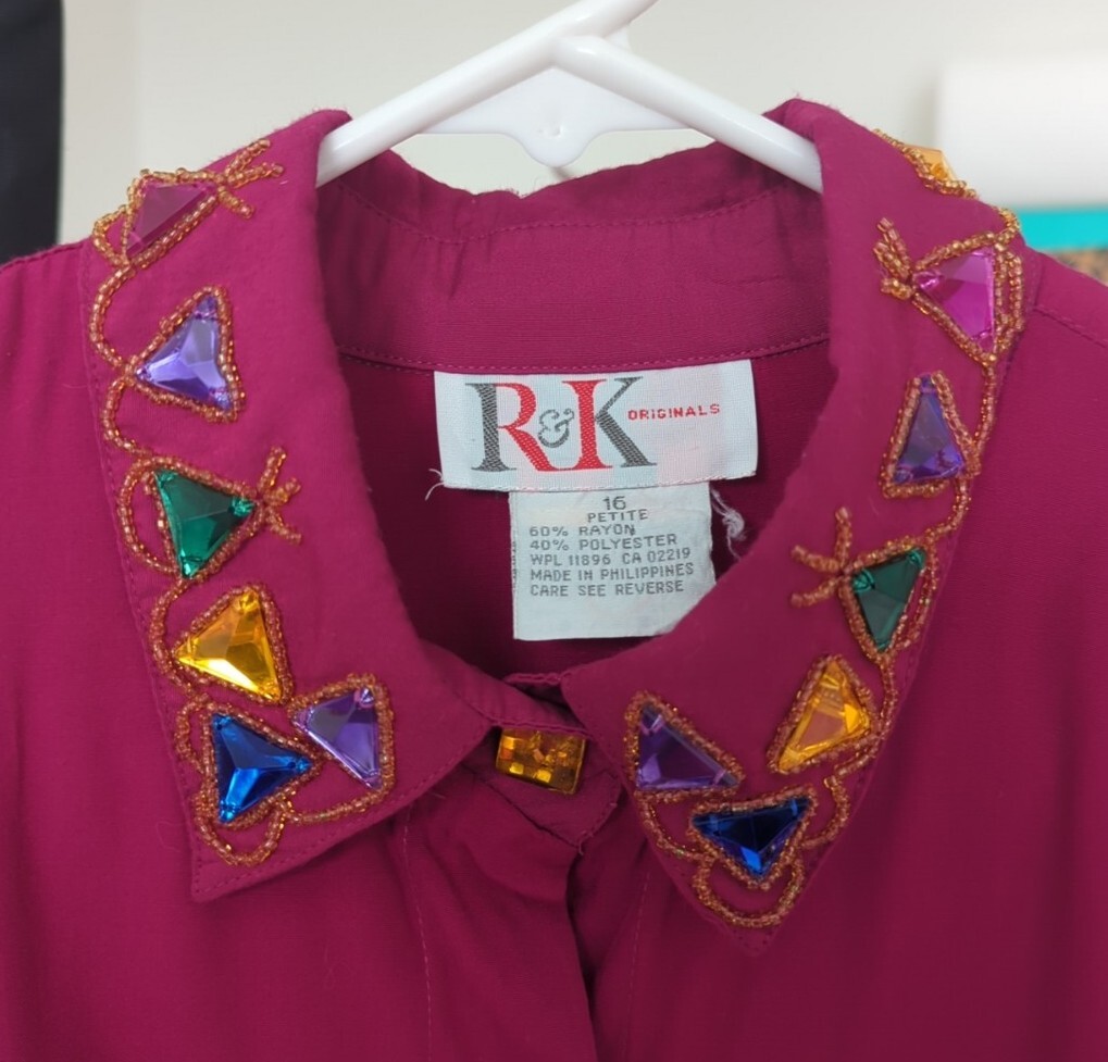 Pre-owned Vtg 90s R&K Originals Shirt Dress Fuschia Rayon Jewel Accents Sz 16p