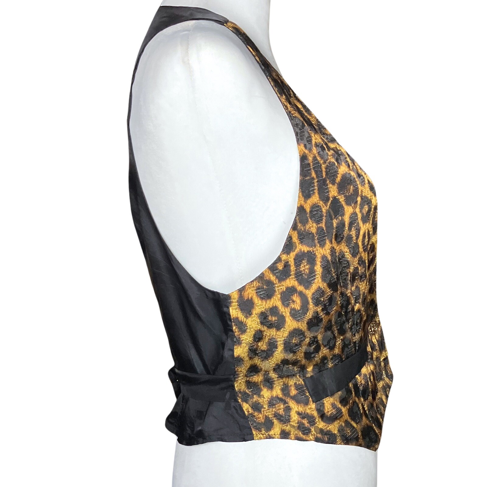 Vintage 80s Leopard Cheetah Cropped Satin Vest Brass Buttons. Retro Funky. S/M.