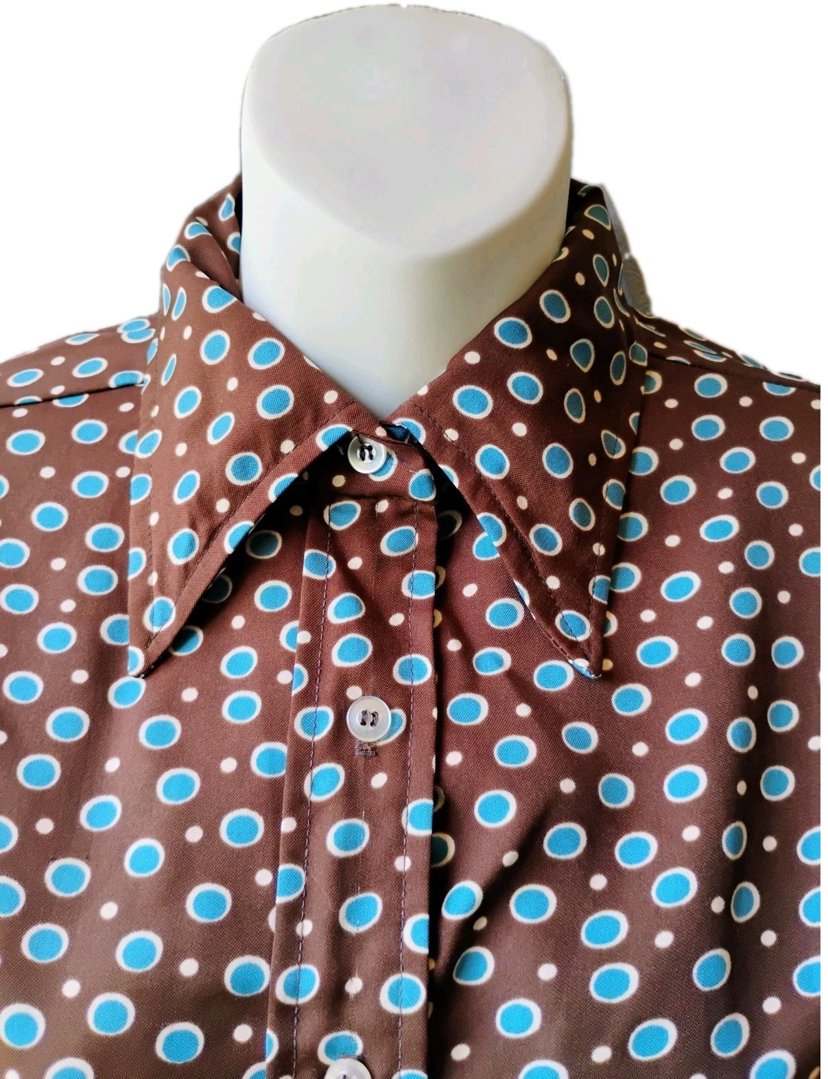 VTG 70’s „LUCKY WINNER” Brown & Blue Geometric Dagger Collar L/S Blouse 11/12