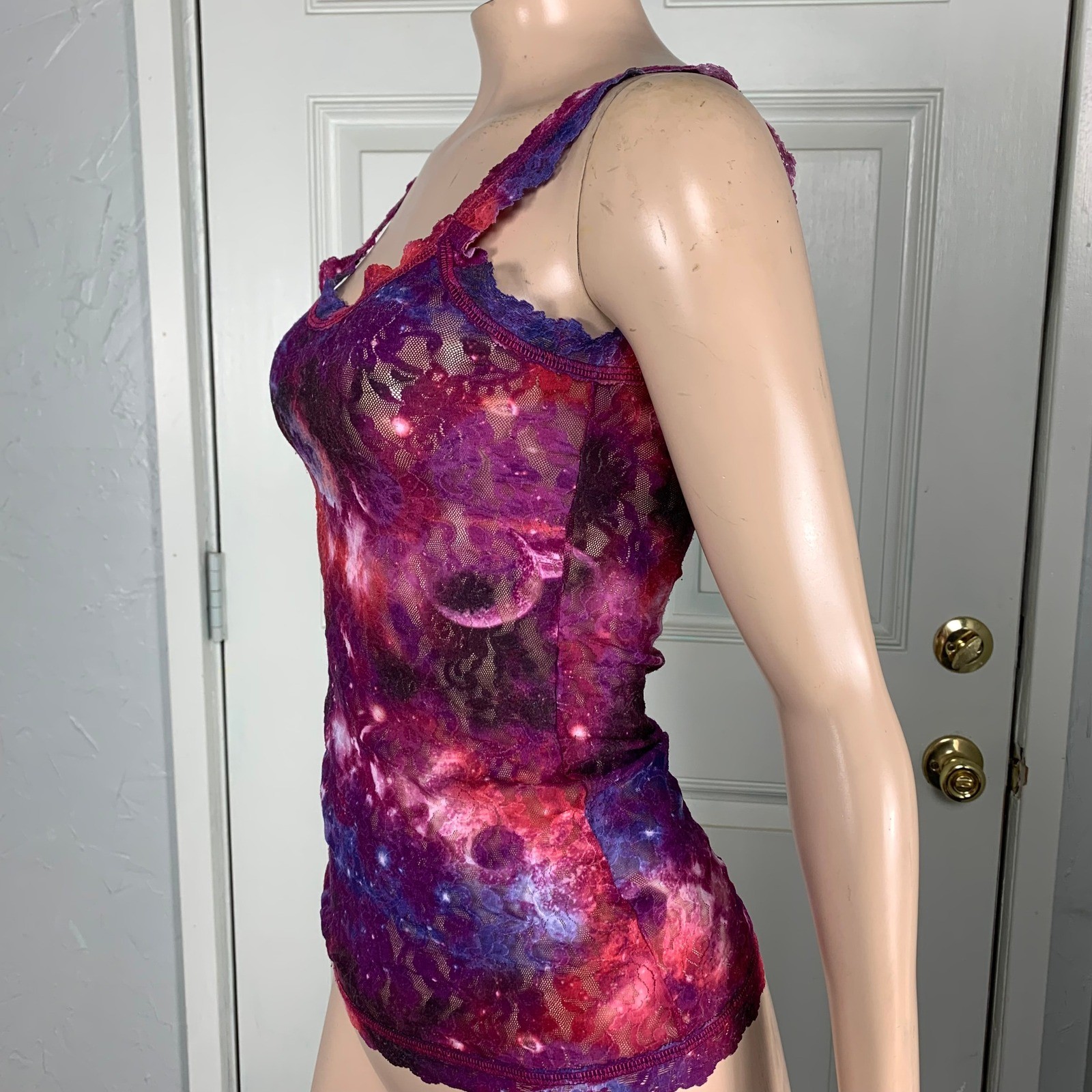 Vintage Y2K Hanky Panky Shirt XS Lace Sheer Nylon Galaxy Universe Stars Tank D15